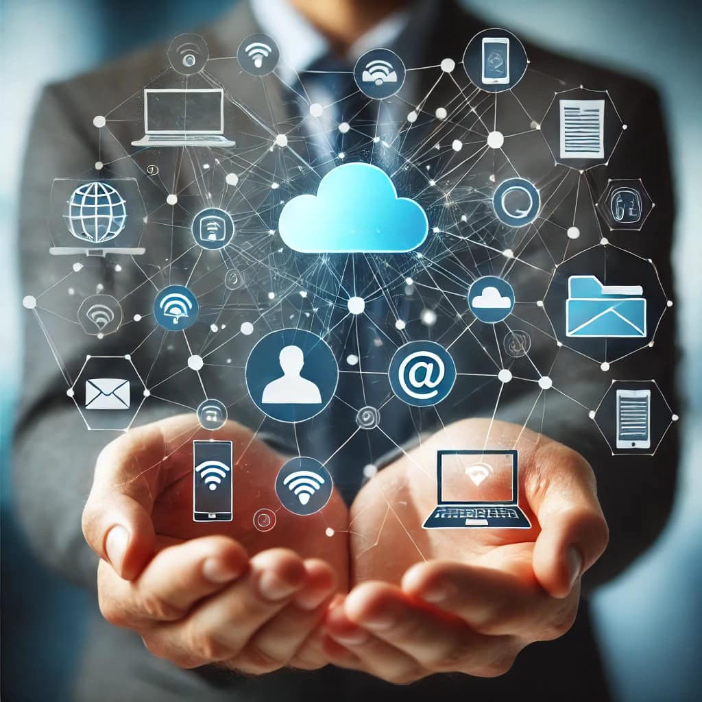 AMSvsCRM2 (1) A business professional wearing a suit, holding his hands out with technological graphic icons floating above them.